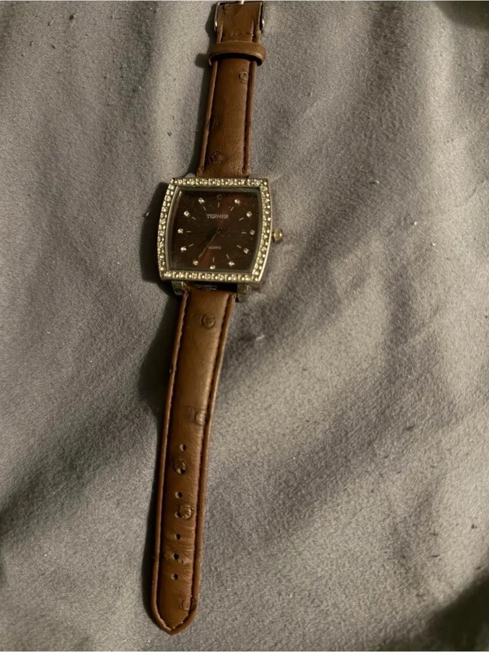 Bijoux Terner Brown Leather Strap Crystal Bezel Quartz Watch